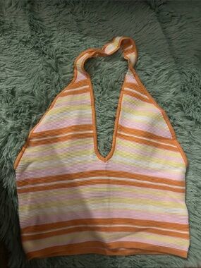 Striped Halter Knit Crop Top in Orange, Pink & Yellow